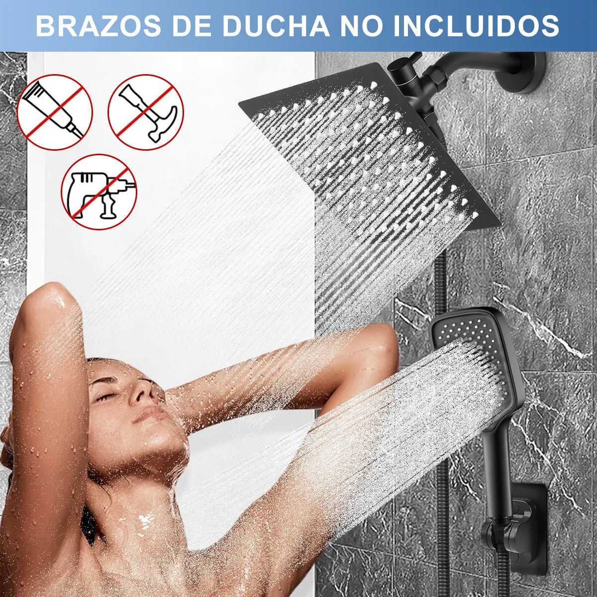 Regadera Cuadrada Alta Presión Tipo Lluvia 4 Modos Ajustable