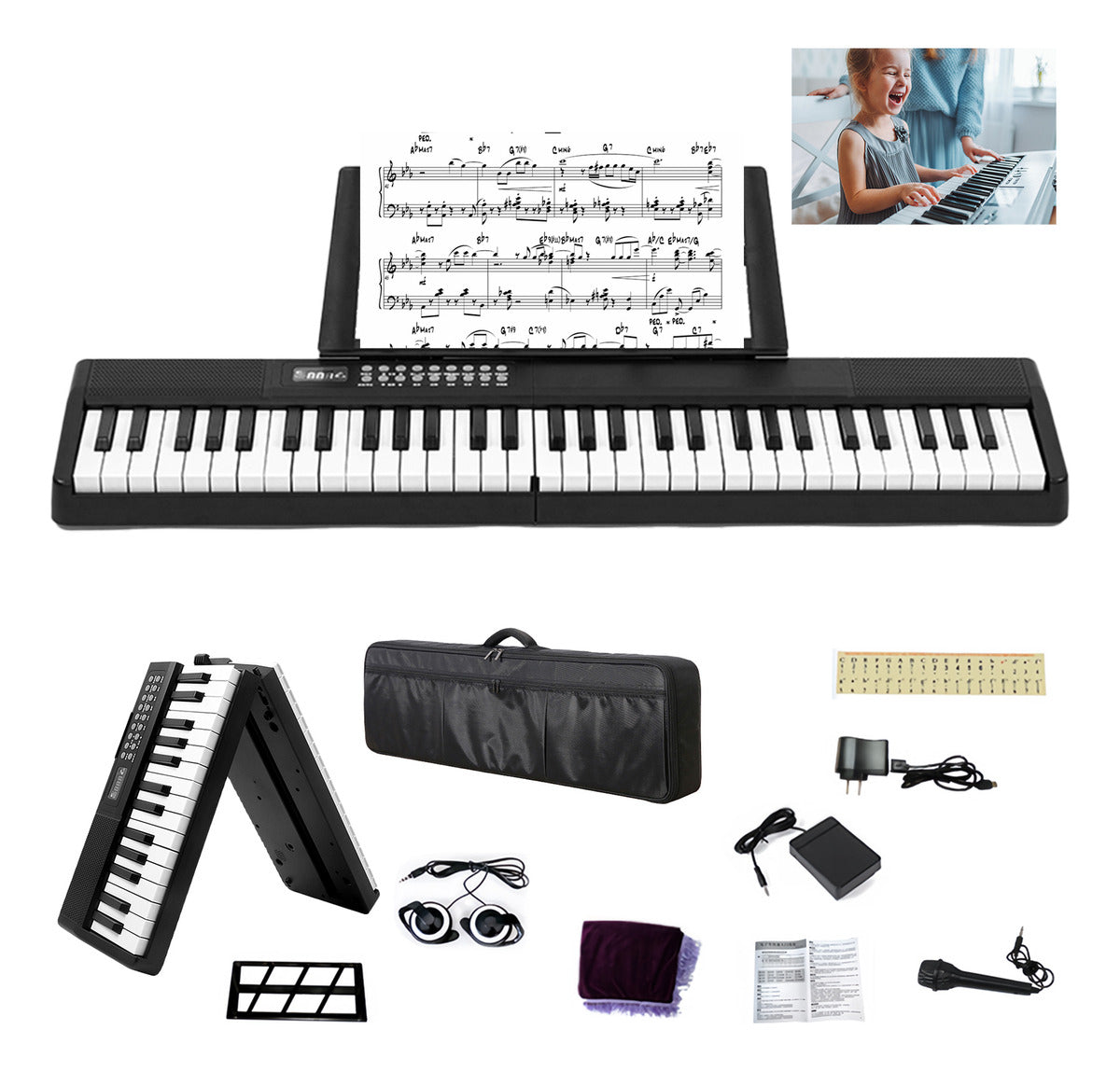 Dashline Cable De Sonido 61-key Bluetooth Keyboard, Black, Includes Pedals, Digital Display, Midi Interface, 200 Rhythms, Accessories Included