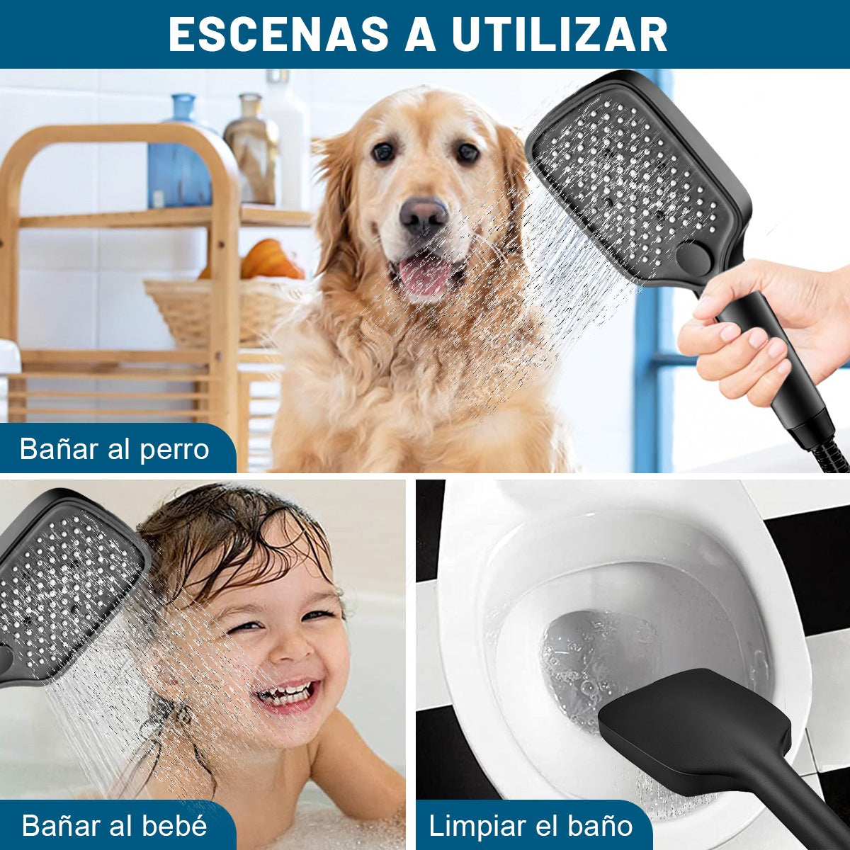 Regadera Cuadrada Alta Presión Tipo Lluvia 5 Modos Ajustable