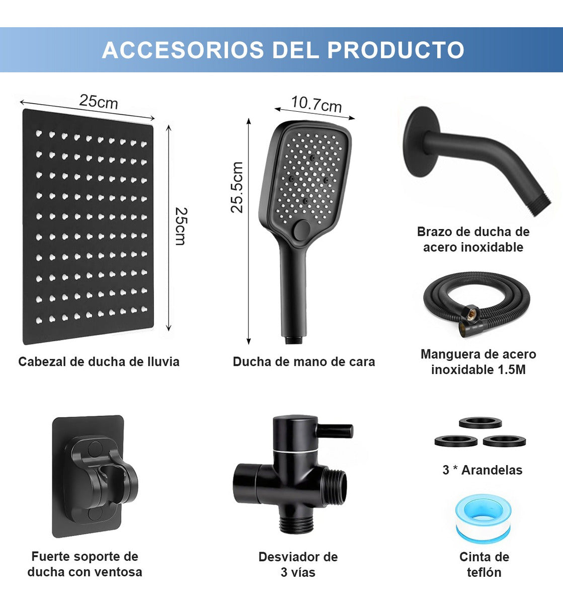 Regadera Cuadrada Alta Presión Tipo Lluvia 5 Modos Ajustable