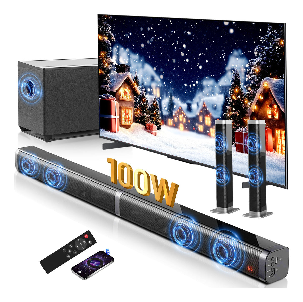 Vuekime Black Soundbar Home Theater 2.1 With Subwoofer, 100w Rms, 127/220v, Bluetooth, Hdmi, Usb, Optical Audio Input, Energy Efficiency A