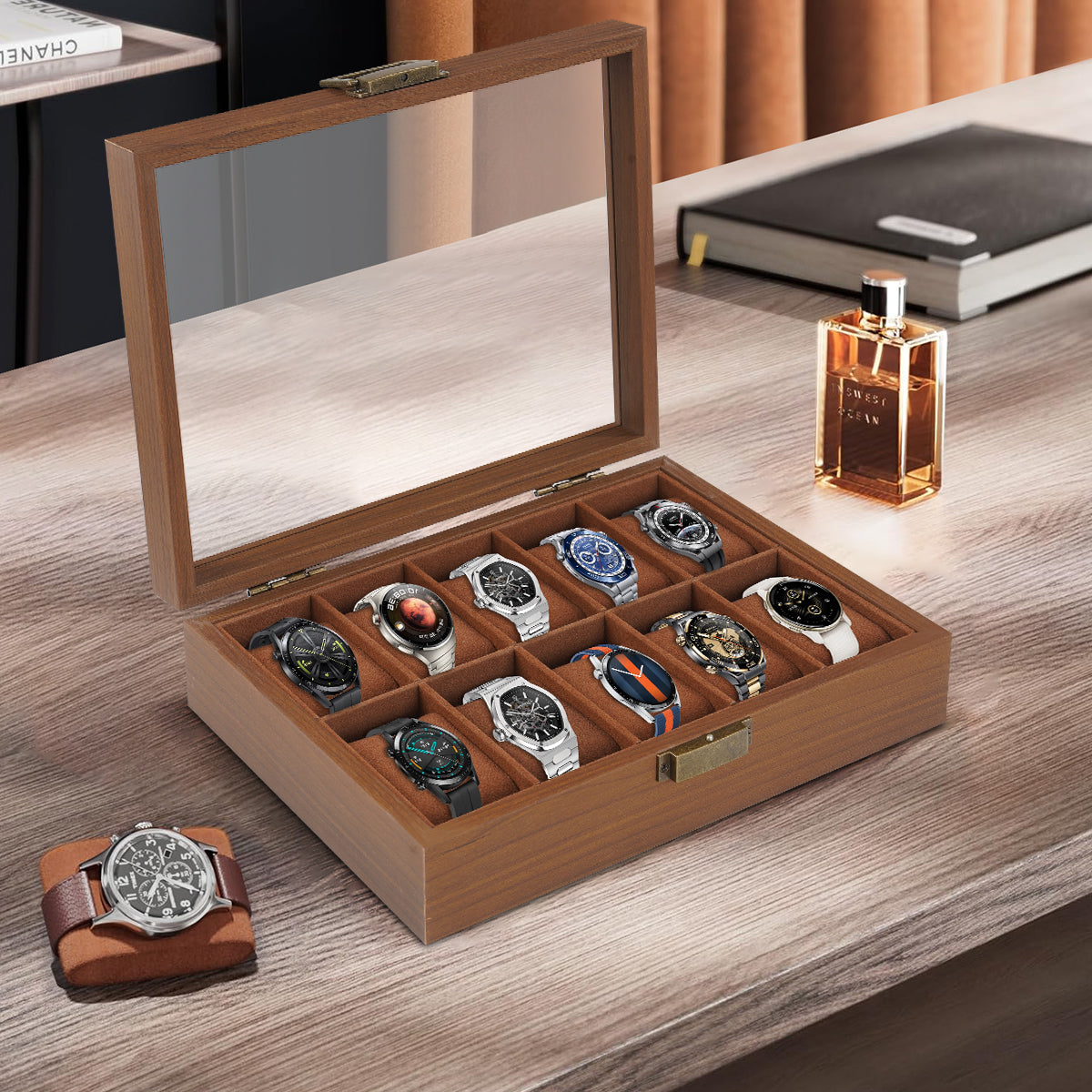 Caja Para Relojes Y Alhajero Con 10 Compartimentos En Nogal