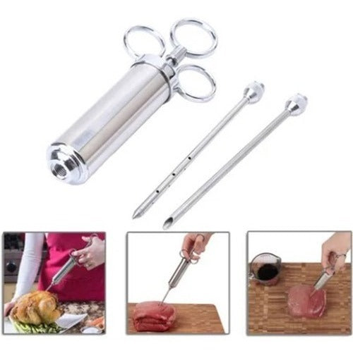 Jeringa De Carne Sazonador Acero Inox Con 3 Agujas 60ml
