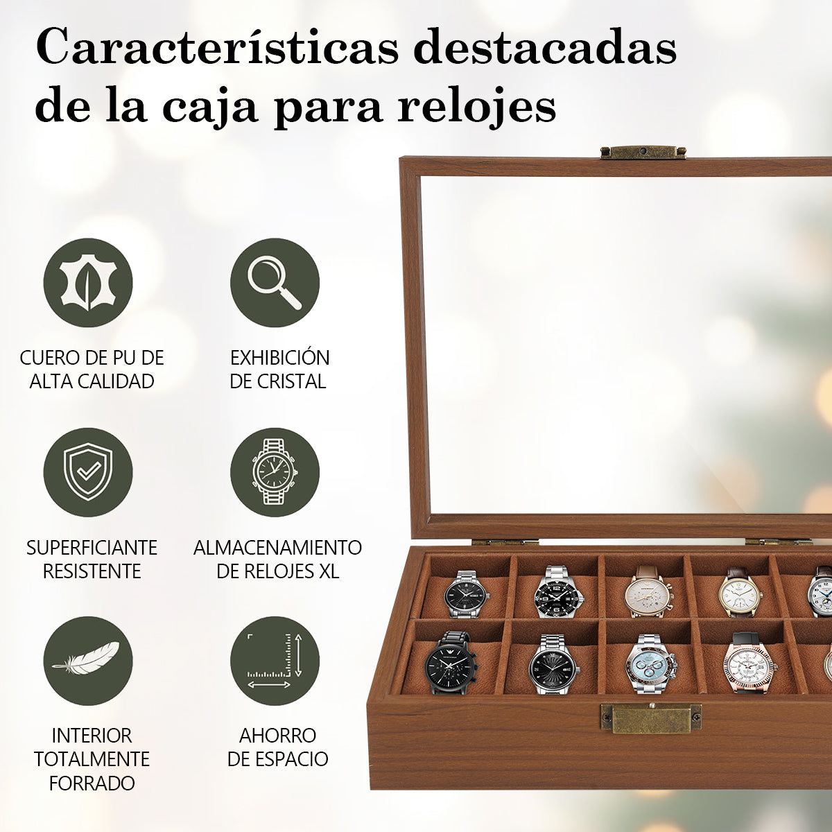 Caja Para Relojes Y Alhajero Con 10 Compartimentos En Nogal