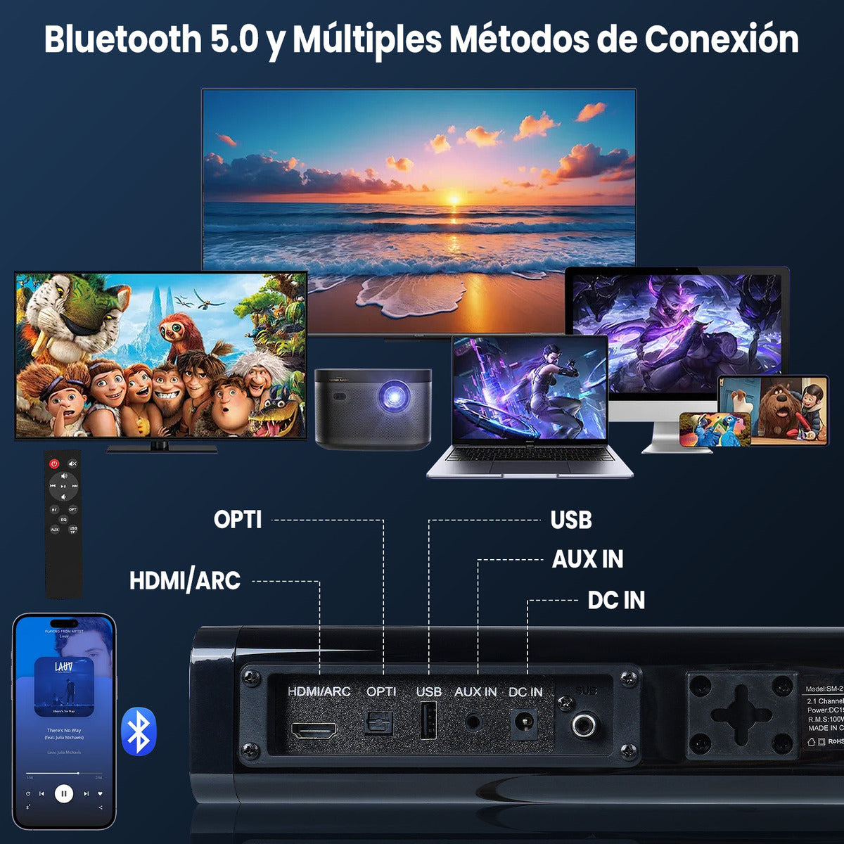 Vuekime Black Soundbar Home Theater 2.1 With Subwoofer, 100w Rms, 127/220v, Bluetooth, Hdmi, Usb, Optical Audio Input, Energy Efficiency A