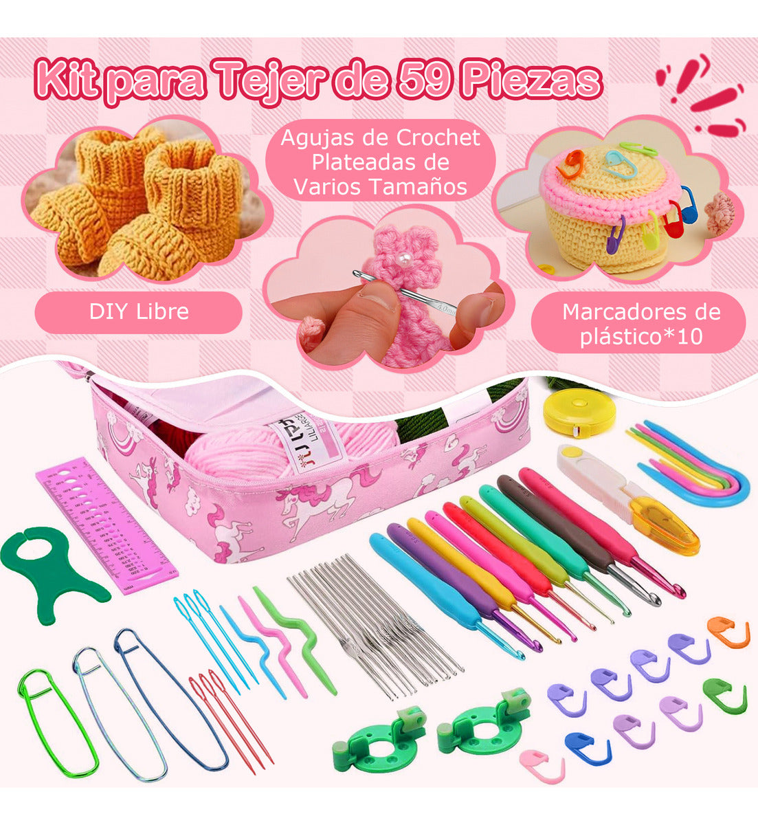 Safonus Pink Hook Needle Kit, Assorted Sizes, 8 Size, 14 Cm Length, Aluminum/plastic, Perfect For Sewing Projects, 10 Units Per Pack