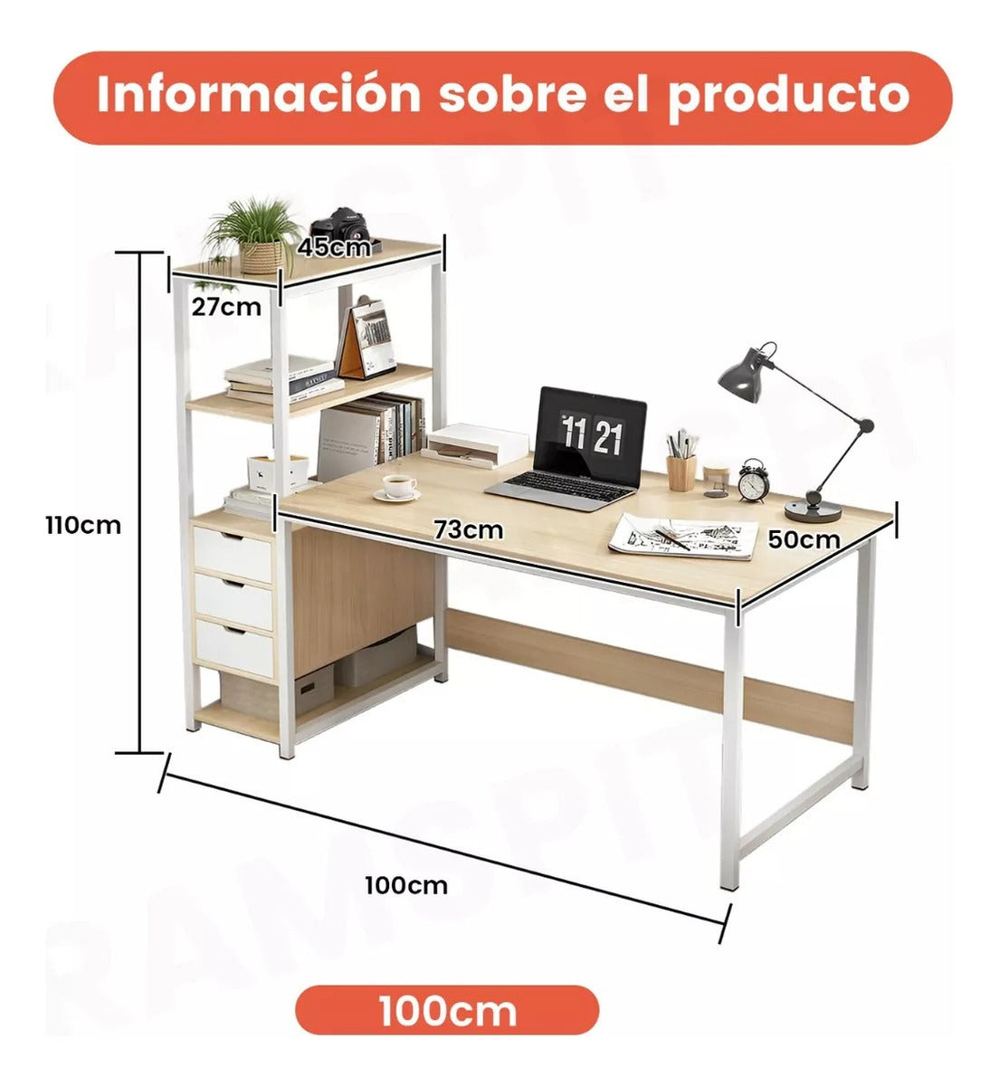 Escritorio Con Repisas Laterales Minimalista Para Oficina 1m