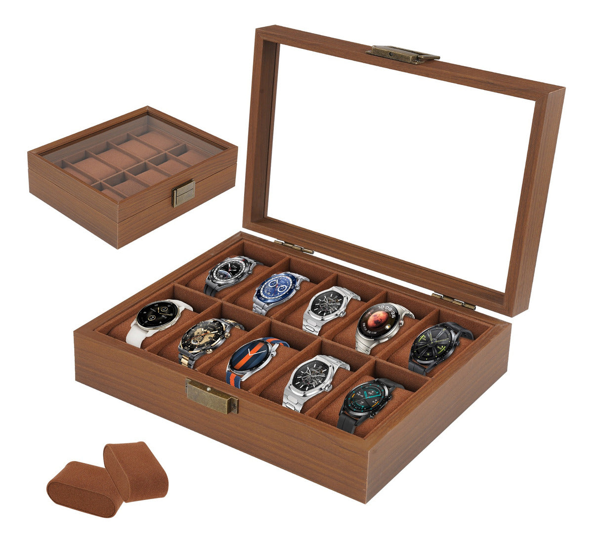 Caja Para Relojes Y Alhajero Con 10 Compartimentos En Nogal
