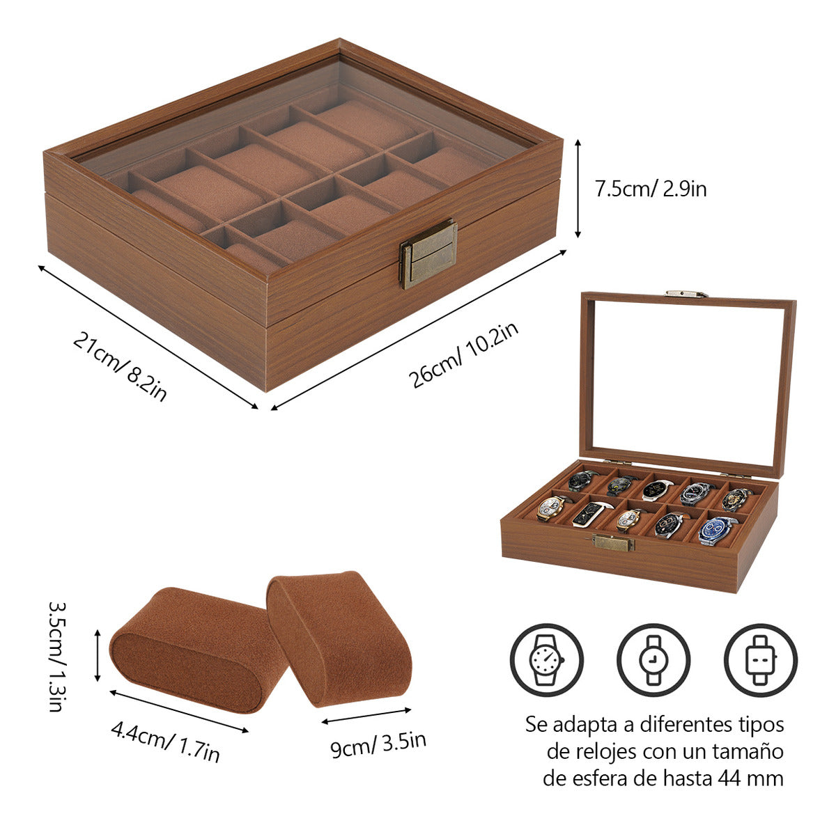 Caja Para Relojes Y Alhajero Con 10 Compartimentos En Nogal