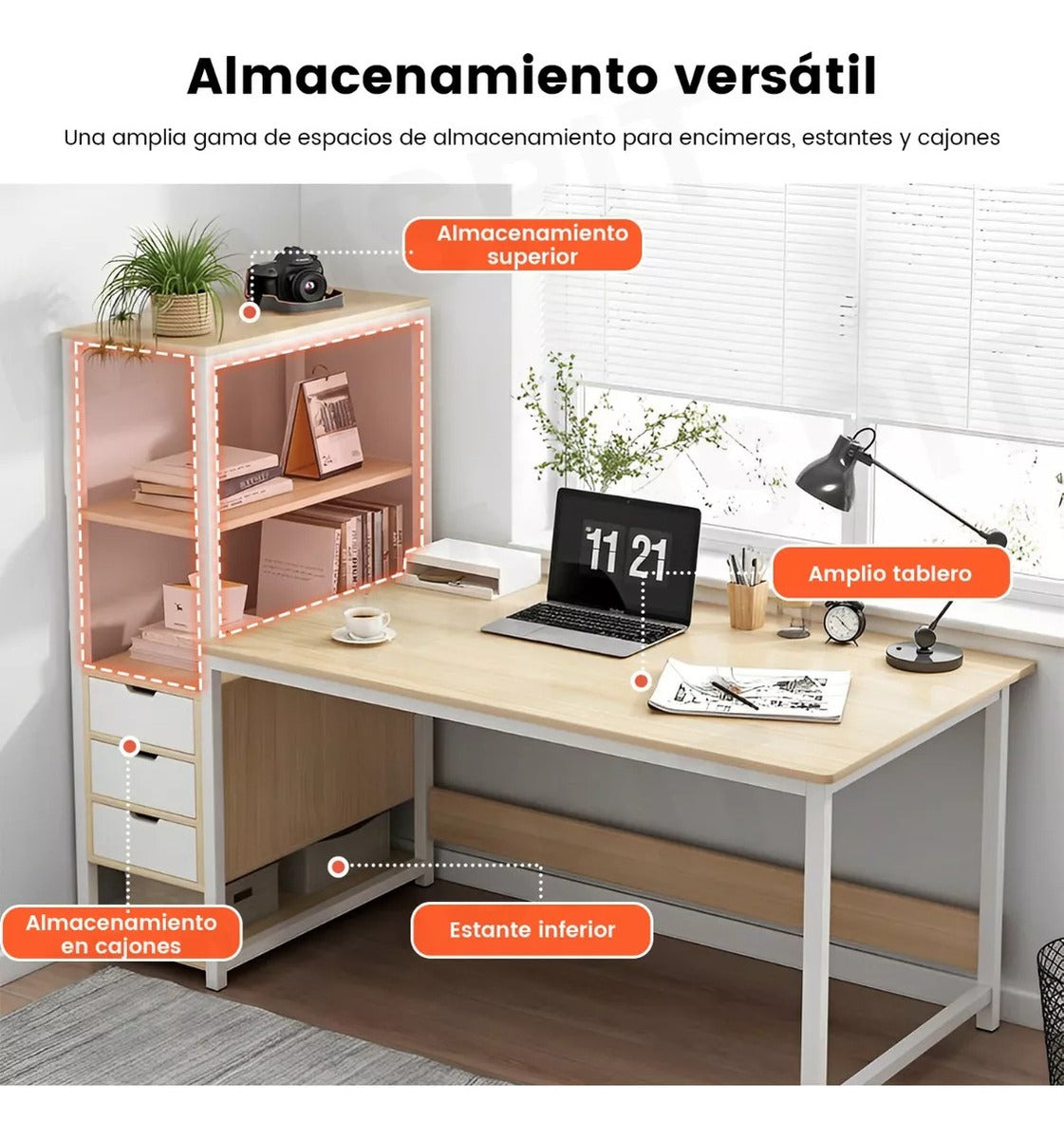 Escritorio Con Repisas Laterales Minimalista Para Oficina 1m