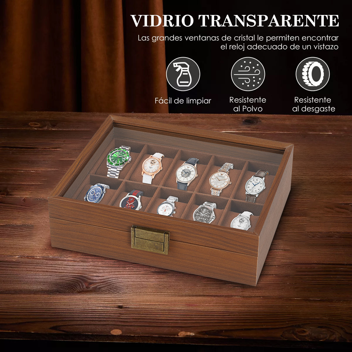 Caja Para Relojes Y Alhajero Con 10 Compartimentos En Nogal