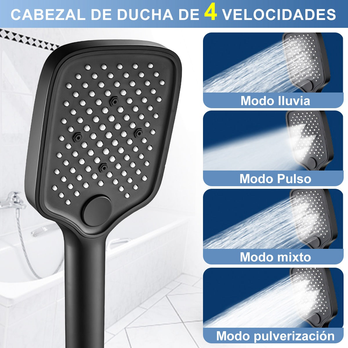 Regadera Cuadrada Alta Presión Tipo Lluvia 5 Modos Ajustable