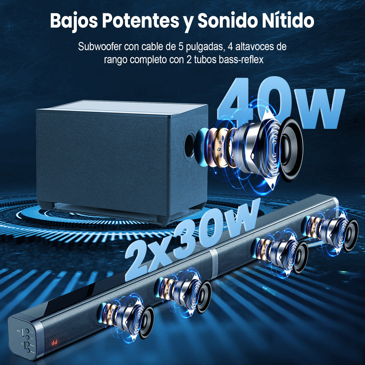 Vuekime Black Soundbar Home Theater 2.1 With Subwoofer, 100w Rms, 127/220v, Bluetooth, Hdmi, Usb, Optical Audio Input, Energy Efficiency A