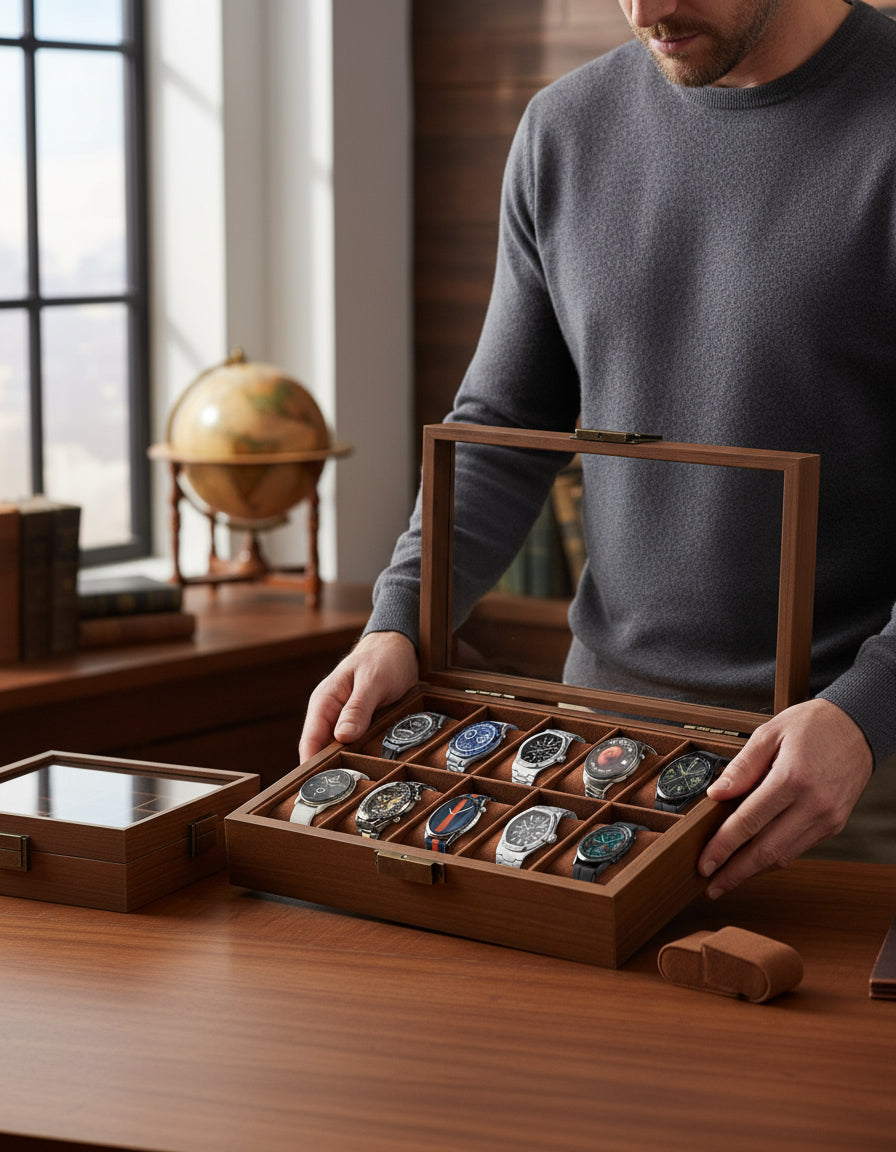 Caja Para Relojes Y Alhajero Con 10 Compartimentos En Nogal