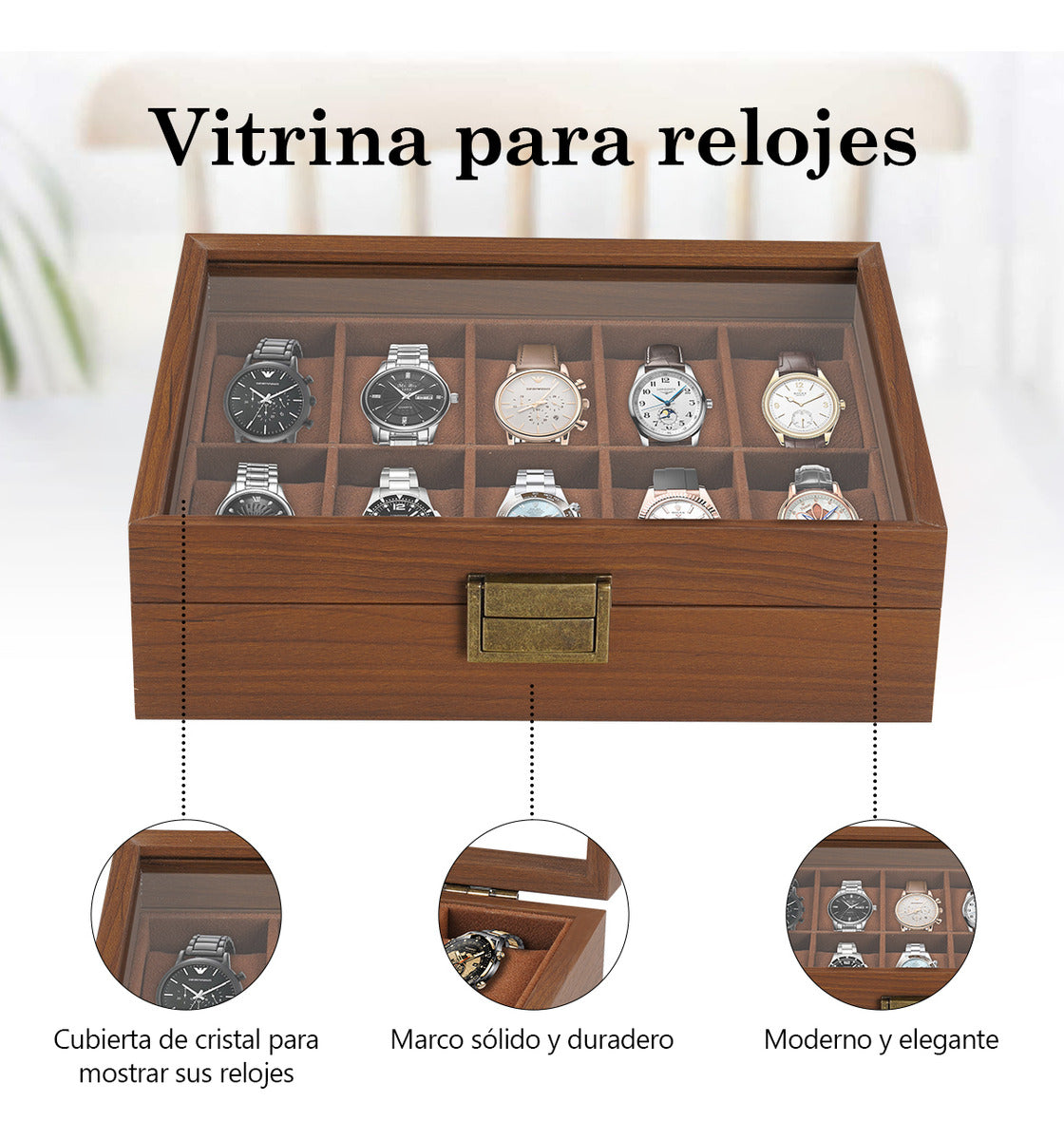 Caja Para Relojes Y Alhajero Con 10 Compartimentos En Nogal