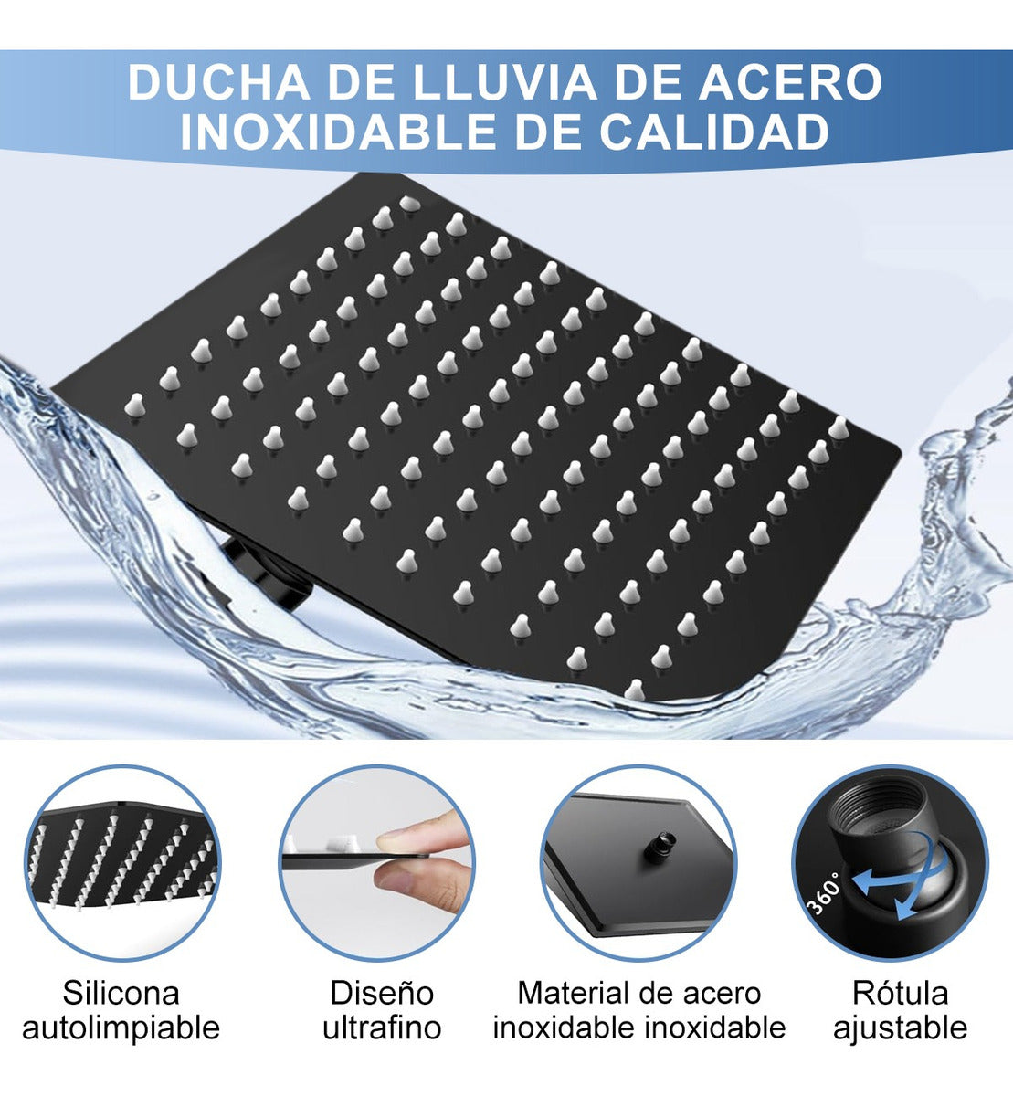 Regadera Cuadrada Alta Presión Tipo Lluvia 5 Modos Ajustable