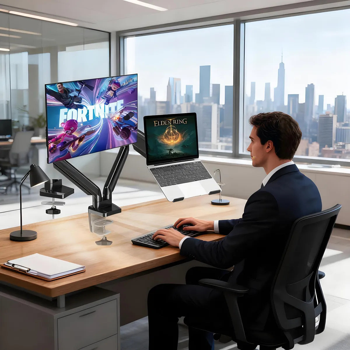 Soporte De Monitor Ajustable De Doble Brazo Con Bandeja