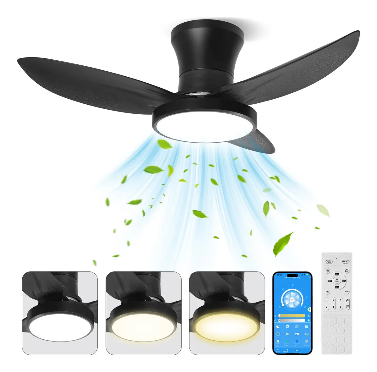Ventilador De Techo Empotrable Negro Welikera Silencioso con Luz de 3 temperaturas Y App + Control Remoto 6 Velocidades Para Interior Cocina Y Dormitorio 28 pulgadas