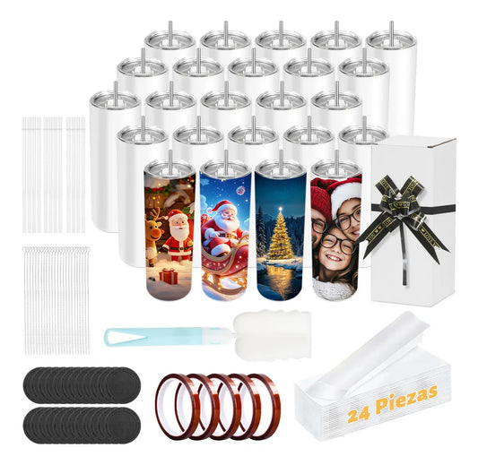 Juego 24 Vasos Sublimación Acero Inoxidable 600ml Dashline Con Tapas y Pajitas