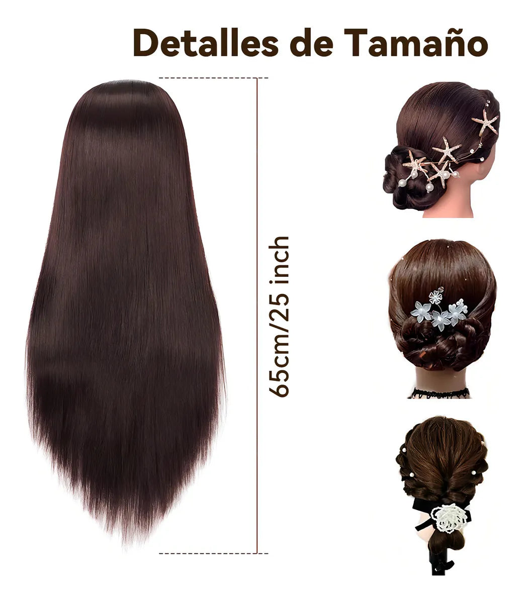Cabeza Maniquí Peinar 90% Cabello Humano Marrón con Soporte 65cm