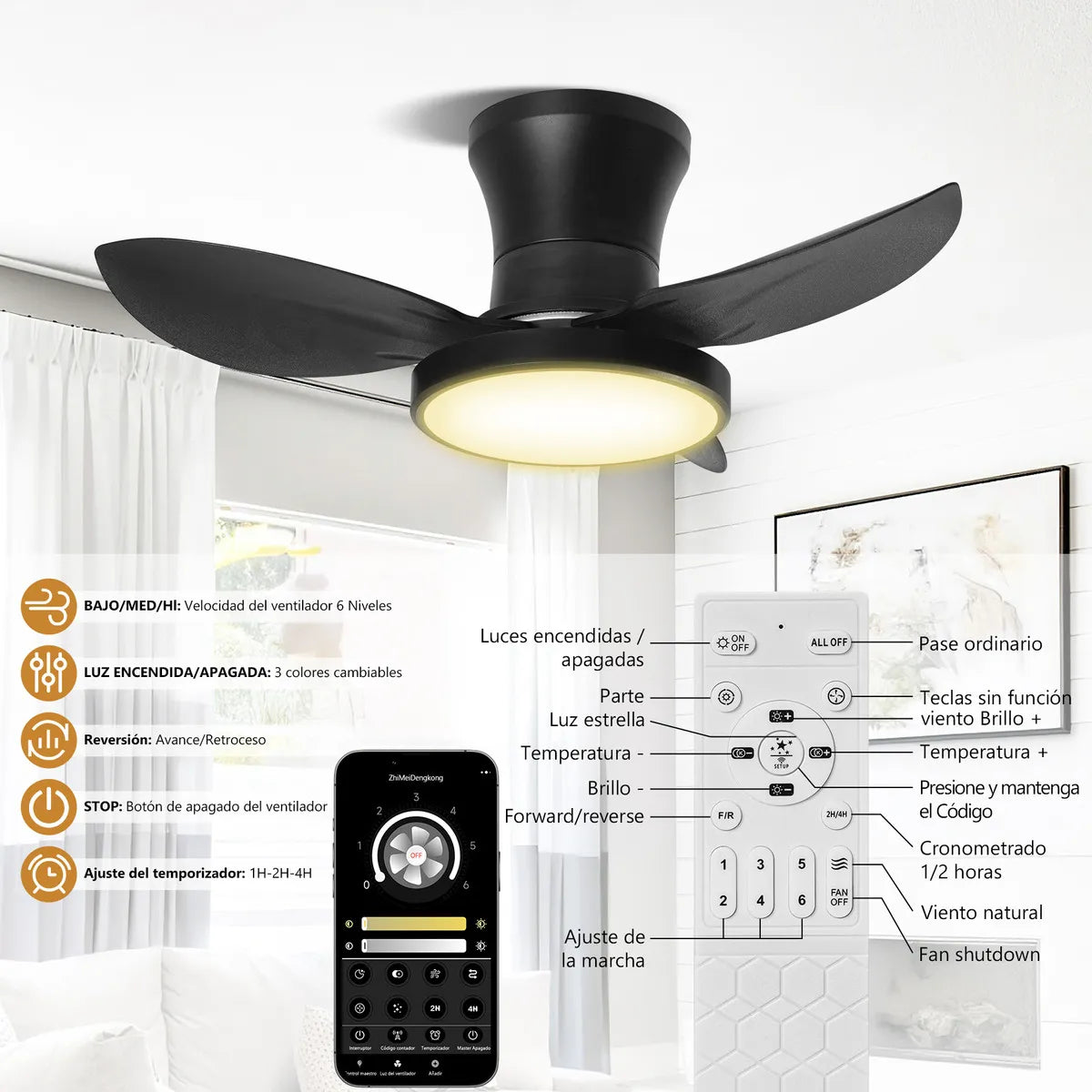 Ventilador De Techo Empotrable Negro Welikera Silencioso con Luz de 3 temperaturas Y App + Control Remoto 6 Velocidades Para Interior Cocina Y Dormitorio 28 pulgadas