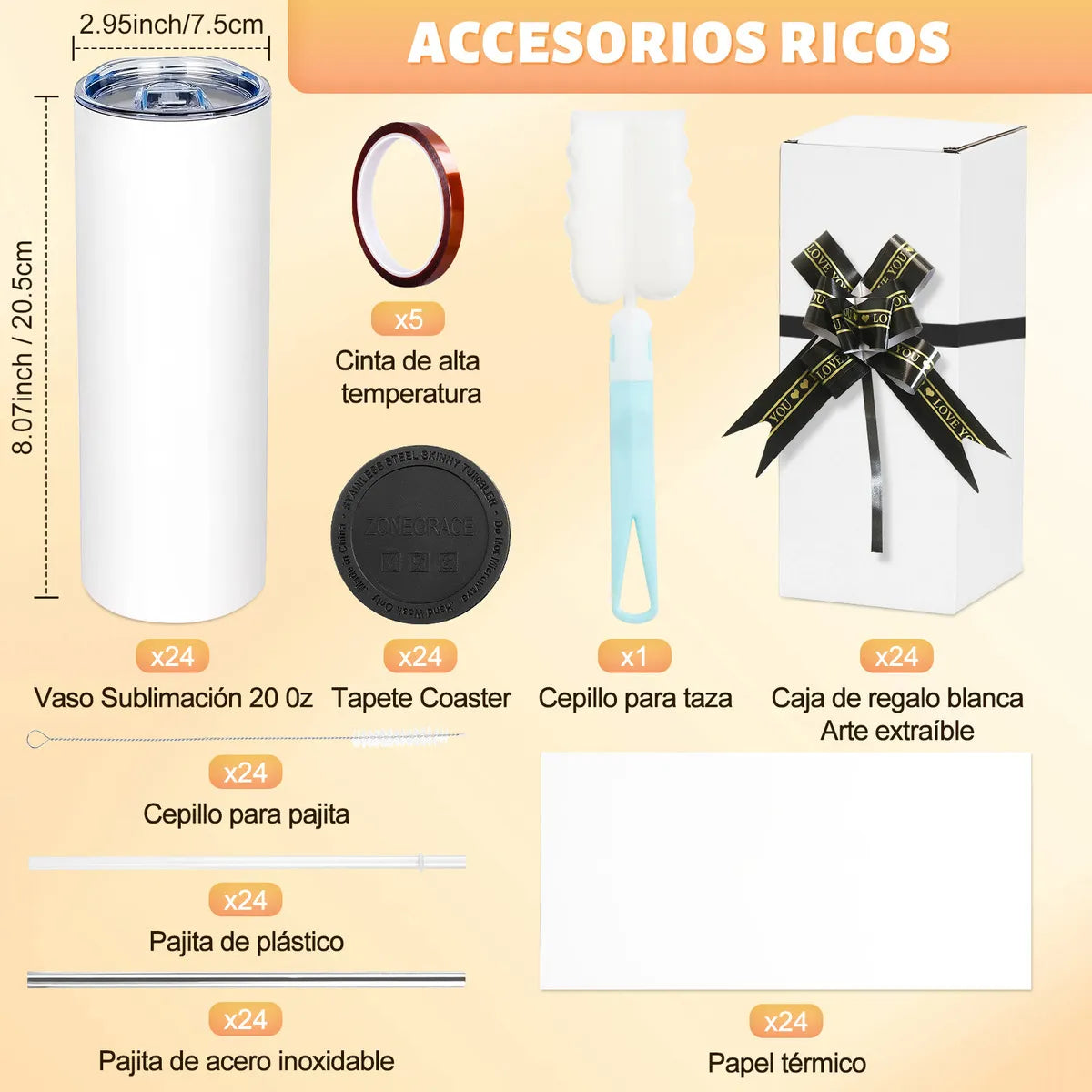 Juego 24 Vasos Sublimación Acero Inoxidable 600ml Dashline Con Tapas y Pajitas