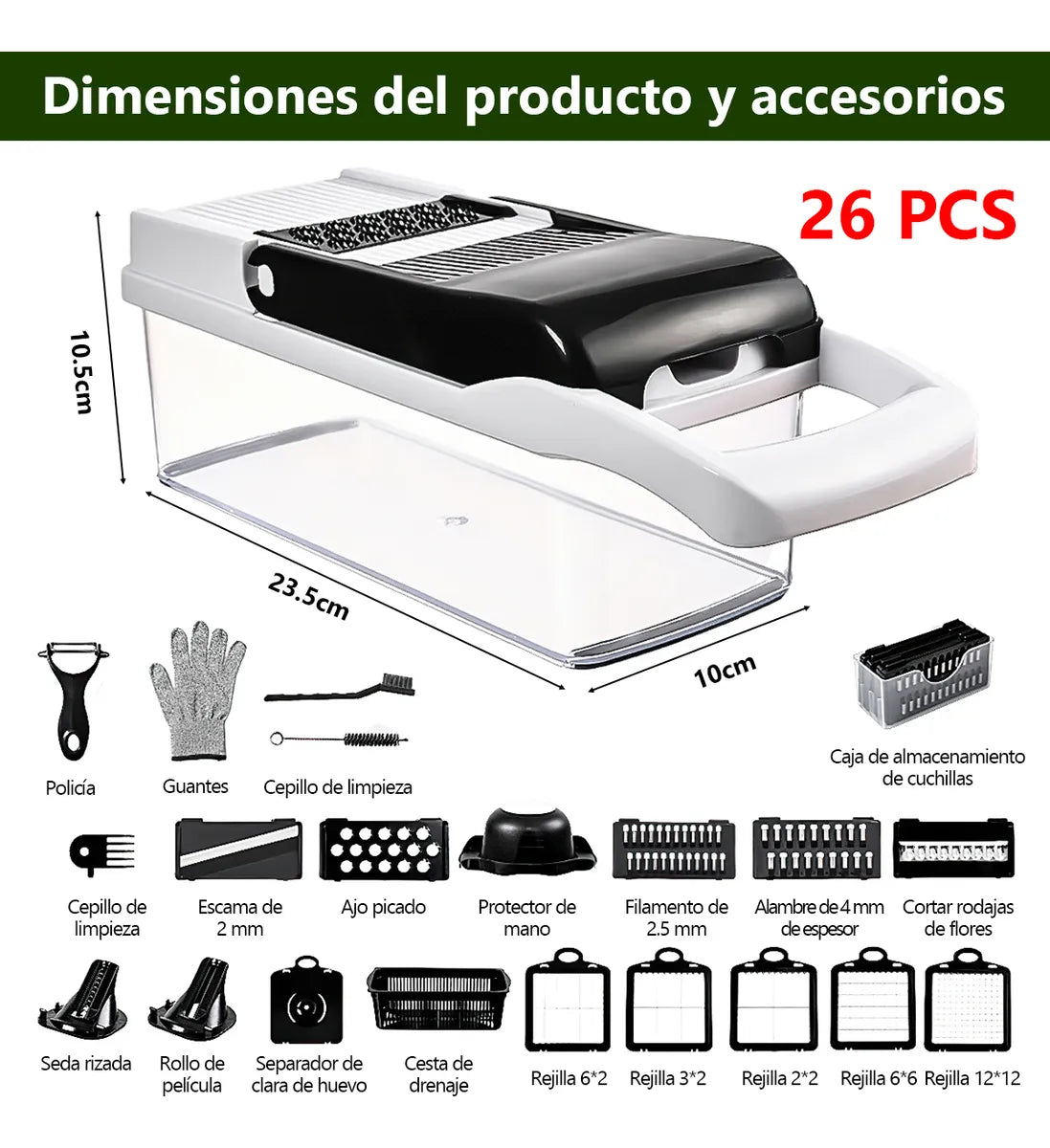Kit De Picador De Verduras Rallador 26 In 1 Con Cesta+guante