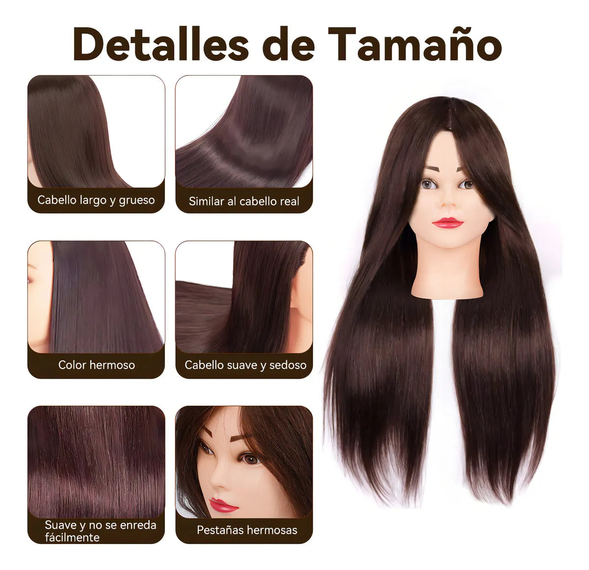 Cabeza Maniquí Peinar 90% Cabello Humano Marrón con Soporte 65cm