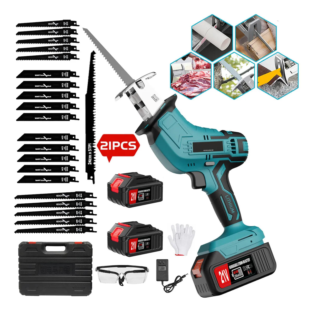 Sierra Recíproca Inalámbrica LINGLUCKY 21V 18500RPM Corte Madera Metal 2 Baterías