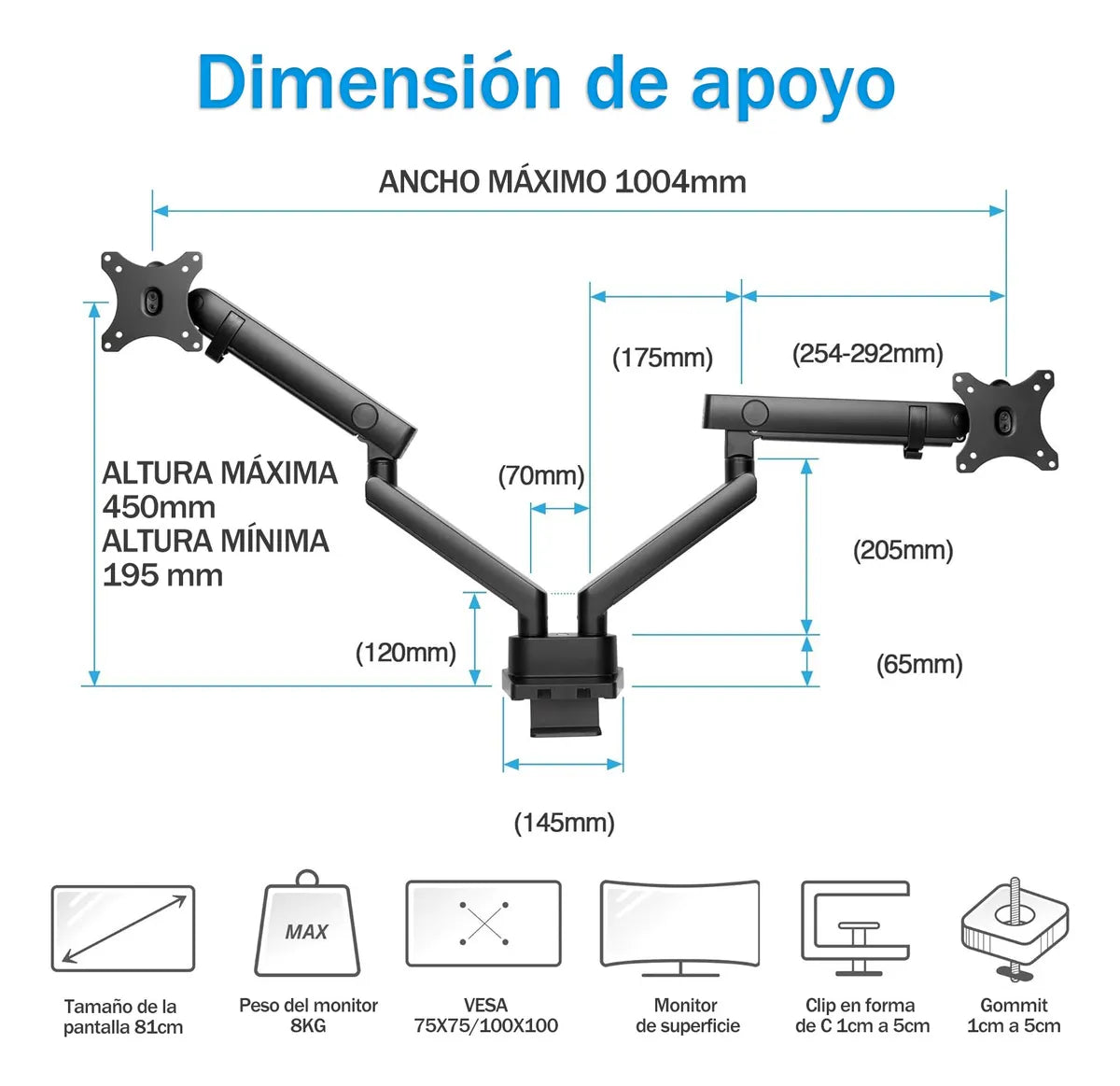 Soporte De Monitor Ajustable De Doble Brazo Con Bandeja