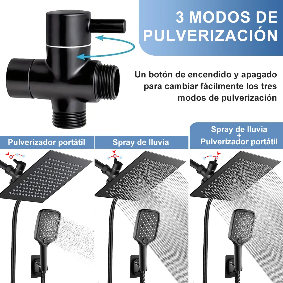 Regadera Cuadrada Alta Presión Tipo Lluvia 4 Modos Ajustable