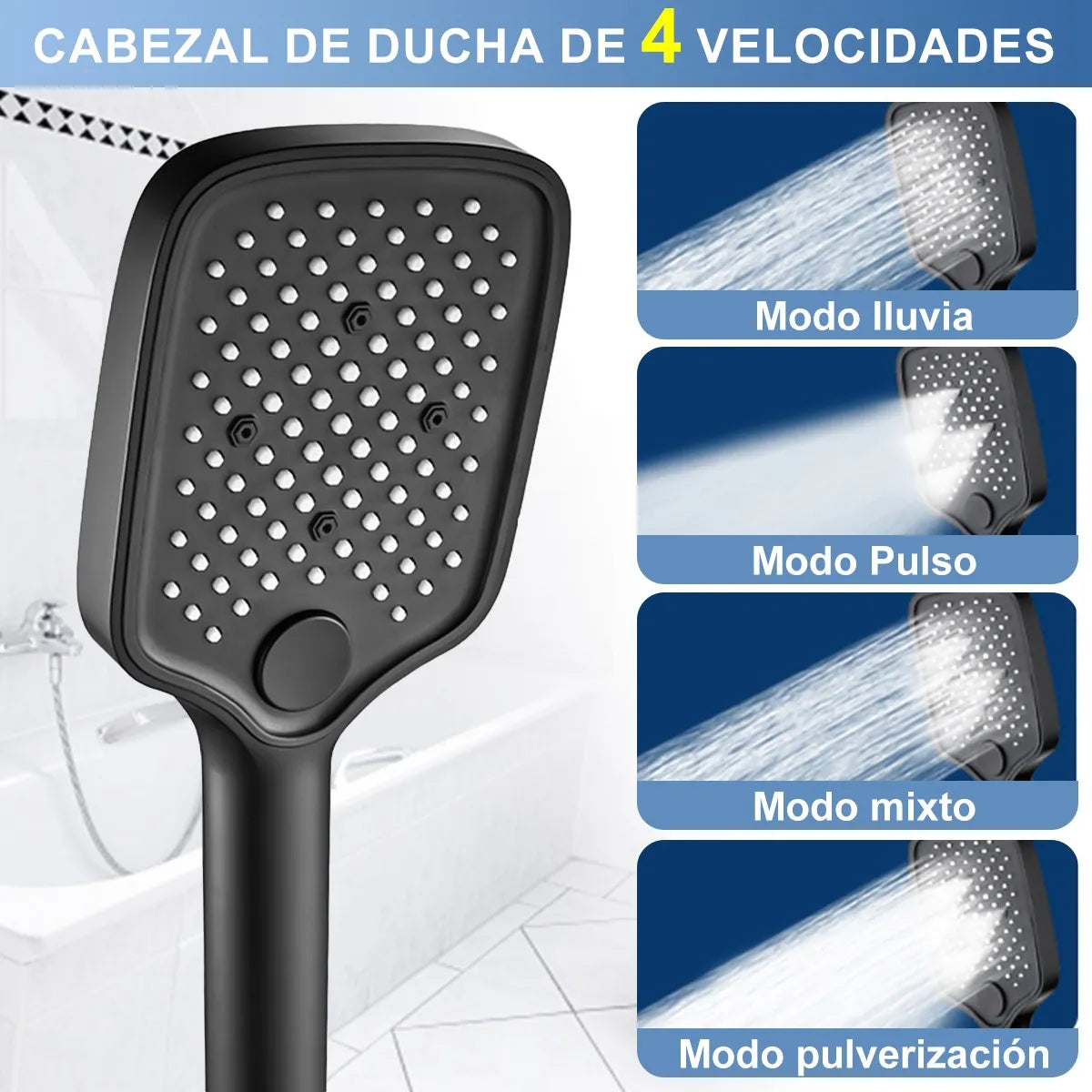 Regadera Cuadrada Alta Presión Tipo Lluvia 4 Modos Ajustable