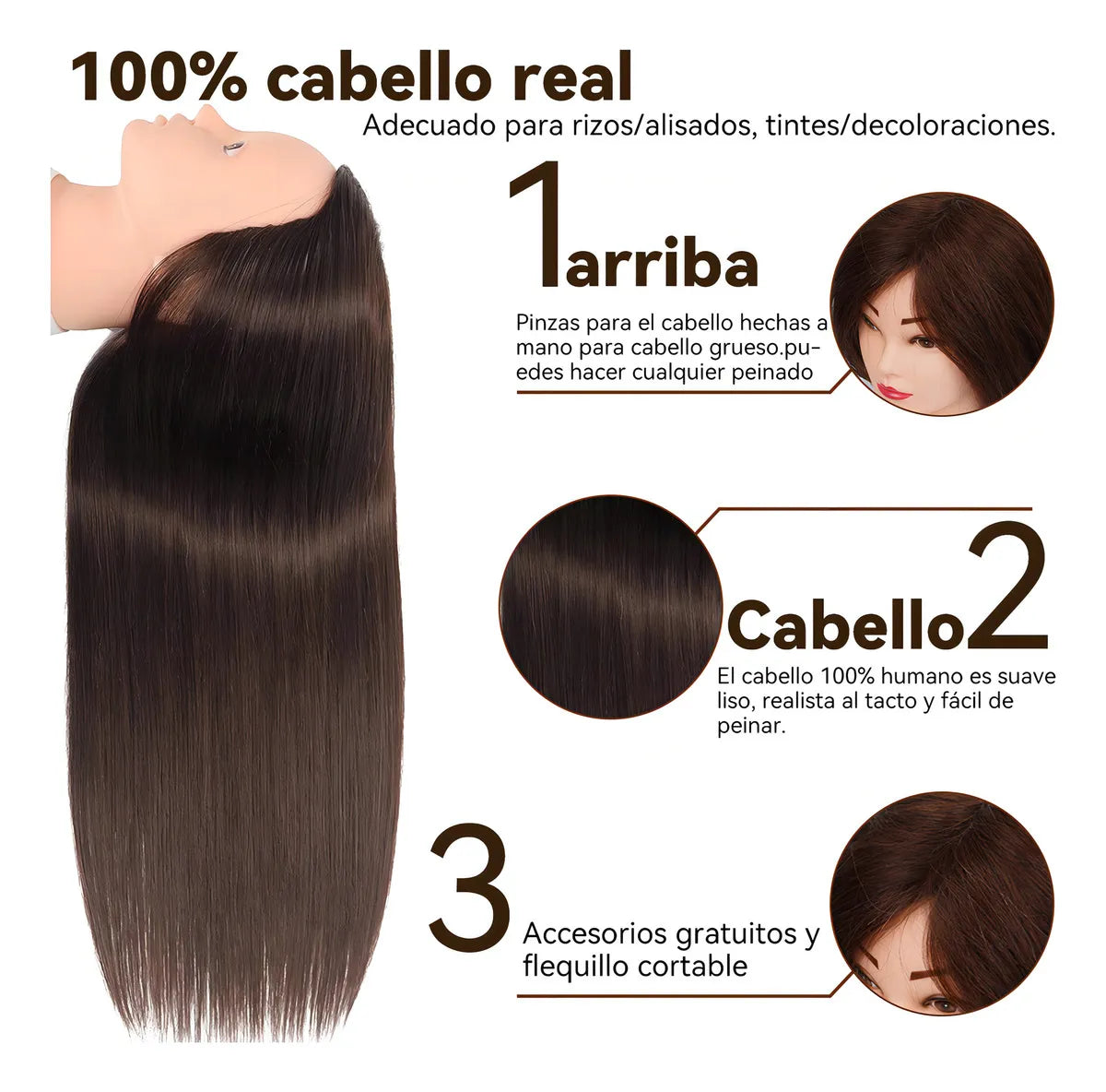 Cabeza Maniquí Peinar 90% Cabello Humano Marrón con Soporte 65cm
