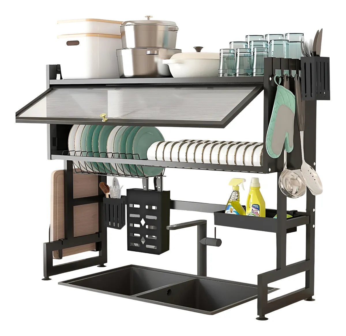 Escurridor De Trastes De Platos Organizador 31x85cm，Escurre Cubiertos De 3 Niveles Con Puerta Sobre El Fregadero，Escurridor de trastes sobre fregadero platos con puerta 85cm